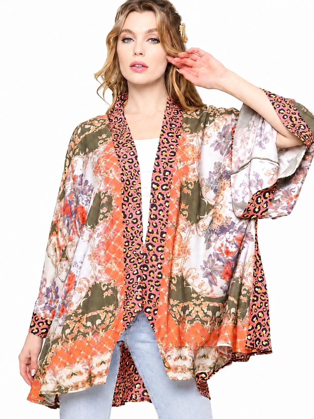 Aratta Boho Floral Leopard Print Kimono Swim Cover Up S/M Festival Beach Duster‎